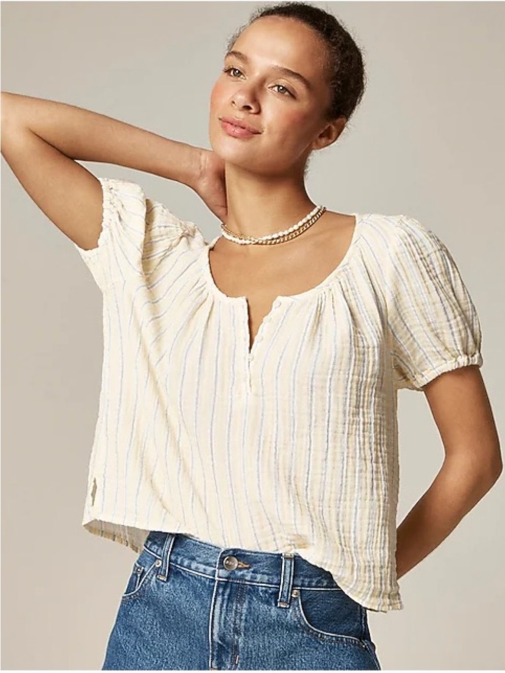 J.Crew Womens Puff-sleeve henley in striped gauze 3X Pale Banana Color